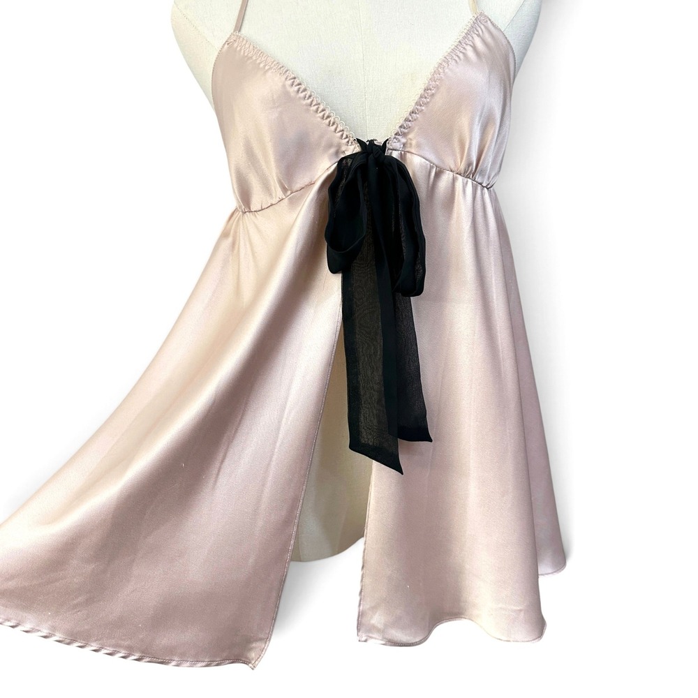 Victoria's Secret 2009 Satin Babydoll Cami Top S Blush Black Bow Open Front